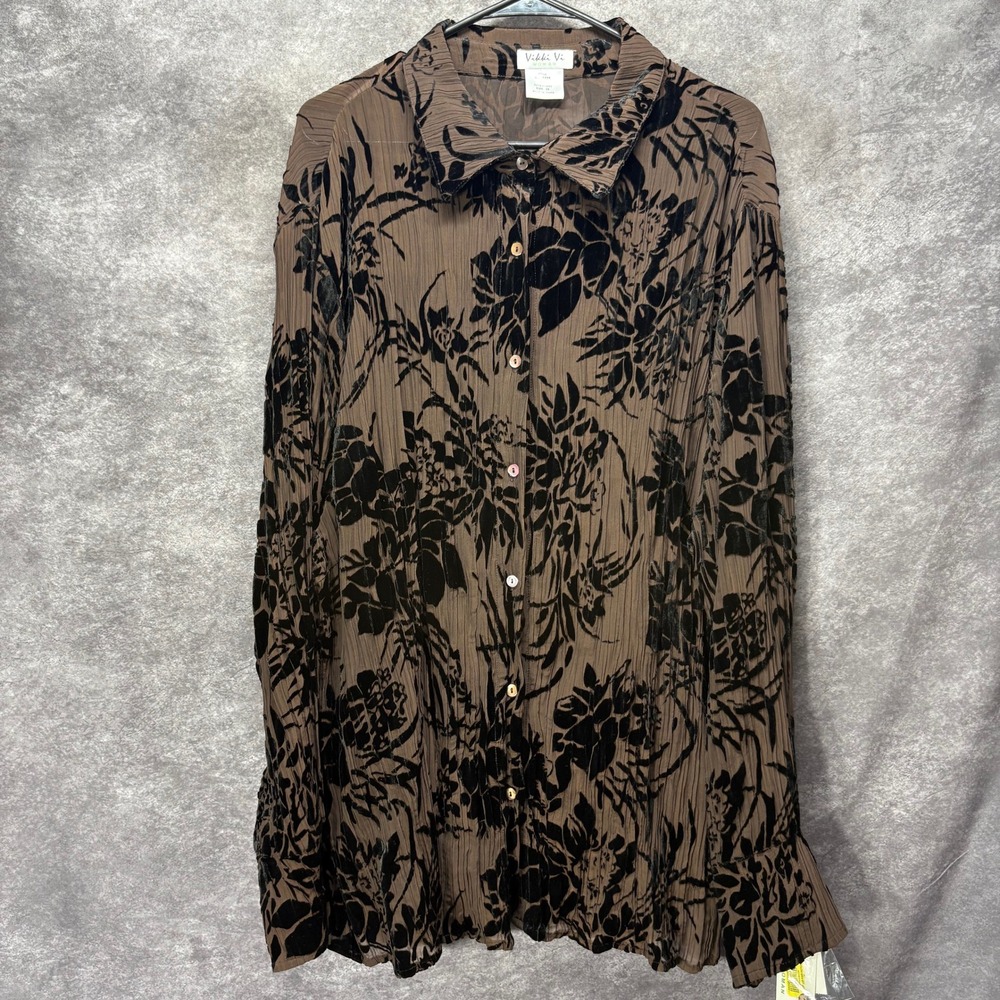 Vikki Vi Brown Velvet Floral Burnout Crinkle Button Up Shirt Size 3X Whimsigoth